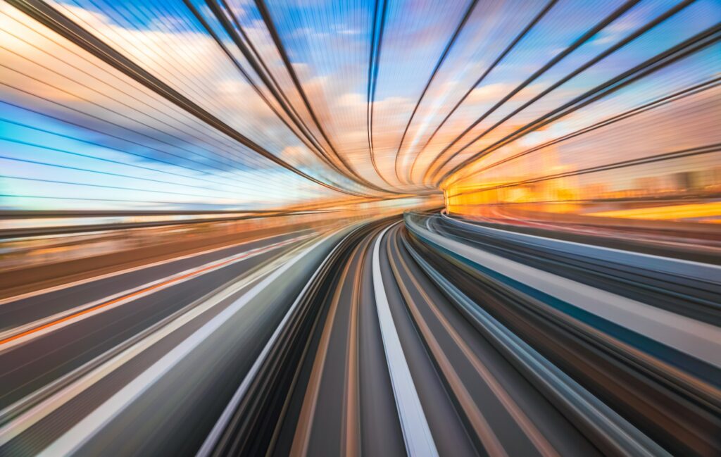 Motion blur of train moving inside tunnel in Tokyo, Japan